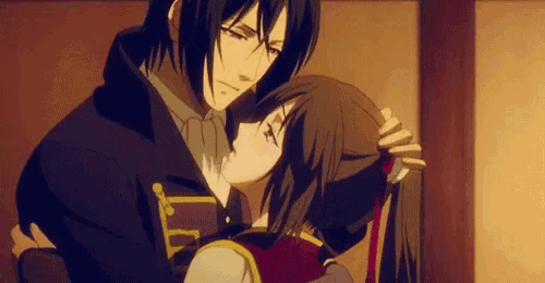 a man and a woman are hugging each other and kissing in an anime scene .