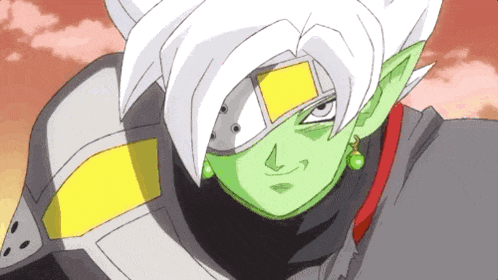 a close up of a cartoon character with green hair and earrings