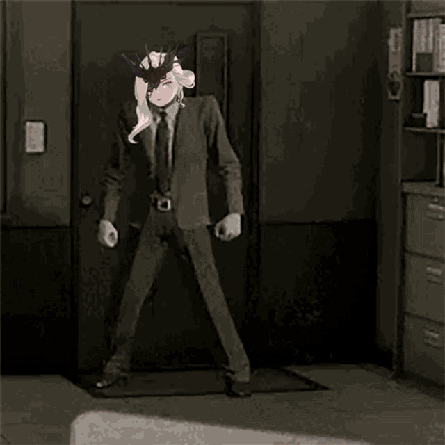 a black and white drawing of a man in a suit