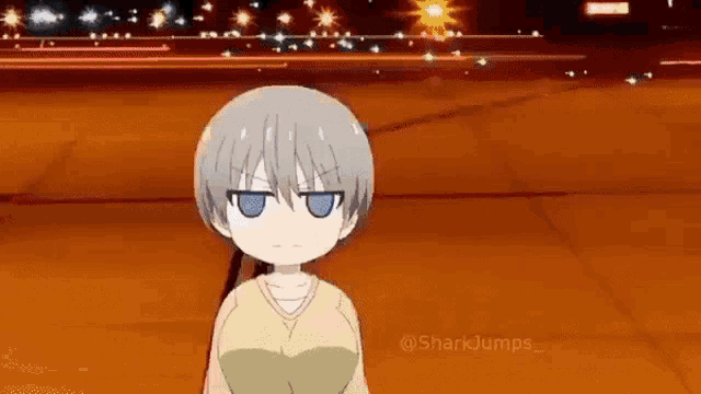 a cartoon girl with short hair and blue eyes is standing in front of a car .