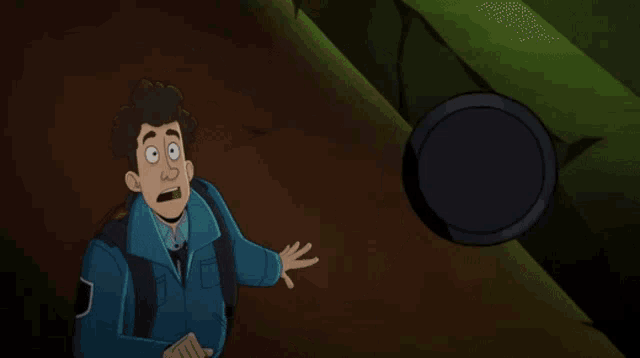 a cartoon of a man holding a flashlight with the letter e on it