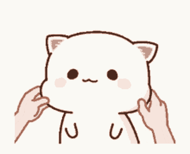 a person is petting a cartoon cat 's face with their hands .