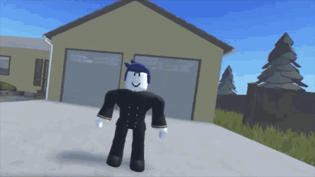 a roblox character stands in front of a house