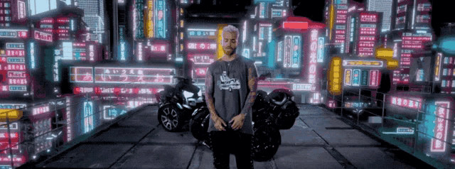 a man is standing in front of a neon city with a sign that says ' 00 ' on it