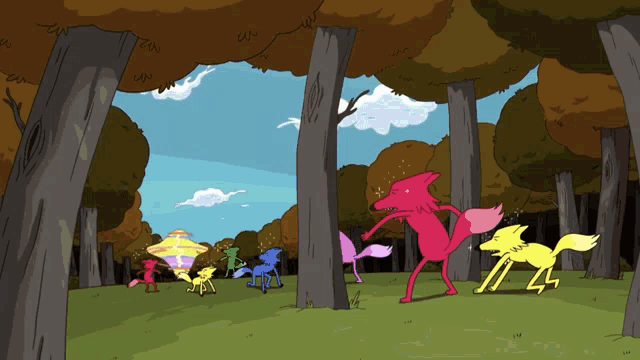 a cartoon drawing of a group of foxes standing around trees