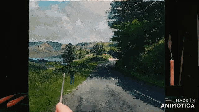 a painting of a road with the words made in animotica on the bottom