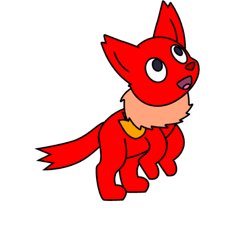 a cartoon drawing of a red dog with a yellow collar on a white background