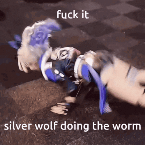 a silver wolf is doing the worm on the ground