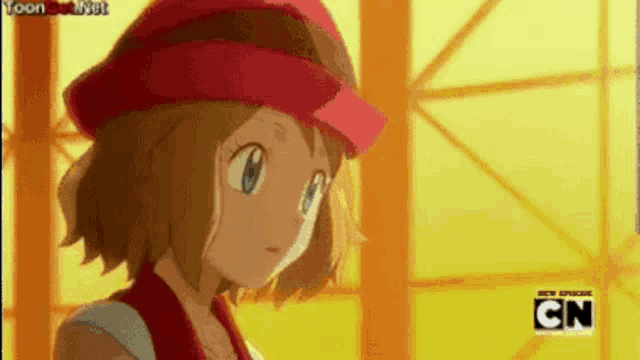 a cartoon girl is wearing a red hat and standing in front of a window with cn written on it