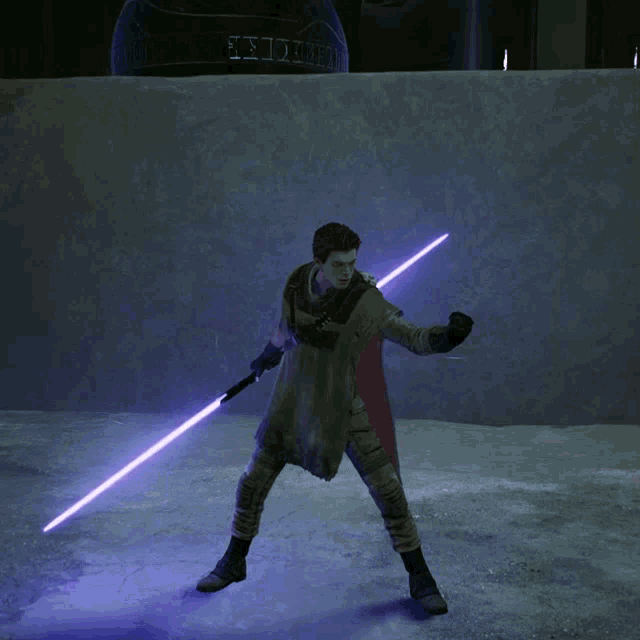 a person in a video game is holding two lightsabers in their hands