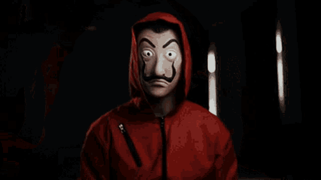 a man is wearing a mask with a mustache and a red hood .