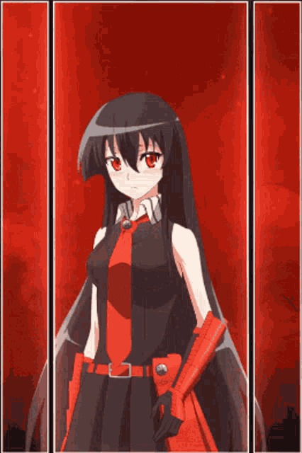 a girl with long black hair and red gloves stands in front of a red background