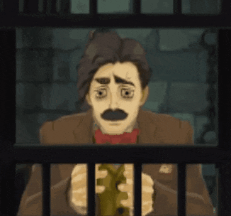 a man with a mustache is behind bars in a jail cell holding a key .