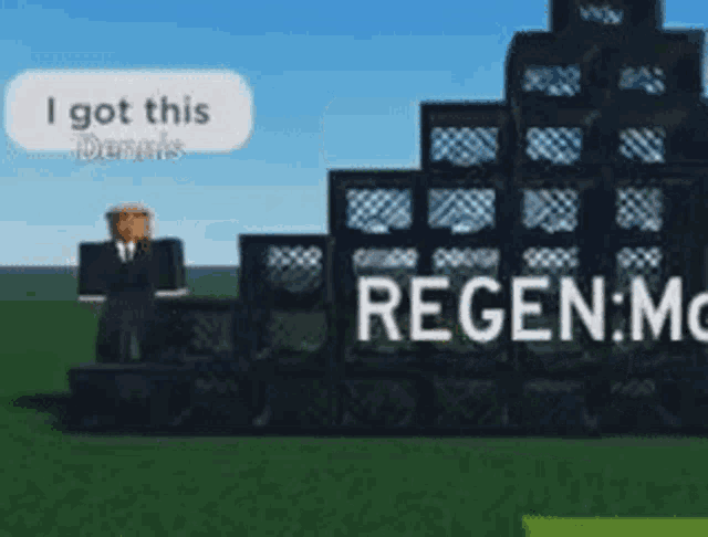 a man in a suit and tie is standing in front of a stack of crates that say regen.mc