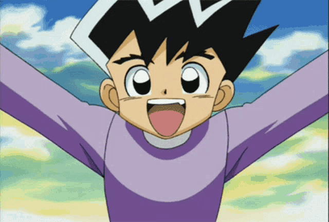 a boy in a purple shirt with his arms outstretched