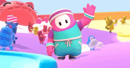 a group of cartoon characters are playing a video game called falling guys