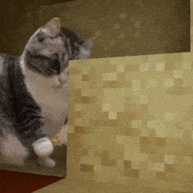 a cat is peeking out from behind a wall made of squares