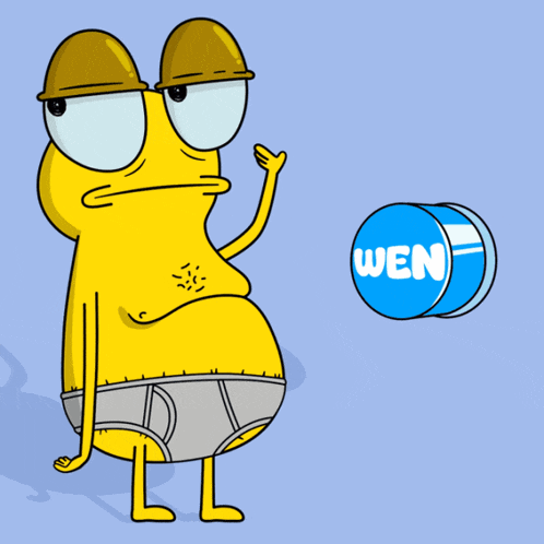 a cartoon character holding a button that says ' ven ' on it