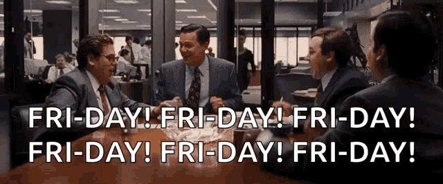 a group of men are sitting at a table and laughing with the words friday ! friday ! friday ! friday !