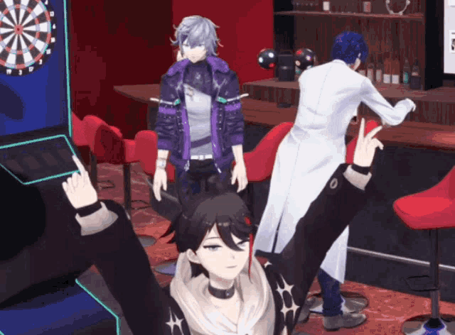 a group of anime characters are standing in a room with a dart board