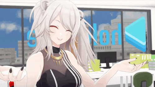 a girl with a ponytail is smiling in front of a sign that says ' on ' on it