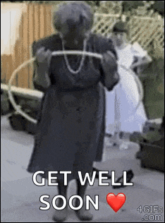 an elderly woman in a black dress is holding a hula hoop and a sign that says `` get well soon '' .