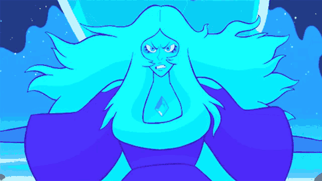 a cartoon drawing of a woman with blue hair and a diamond in her chest