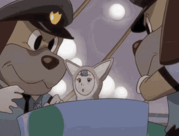 a cartoon dog wearing a hat with a badge on it