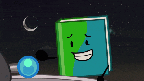 a cartoon drawing of a book being smashed by a red object with the letter d on it