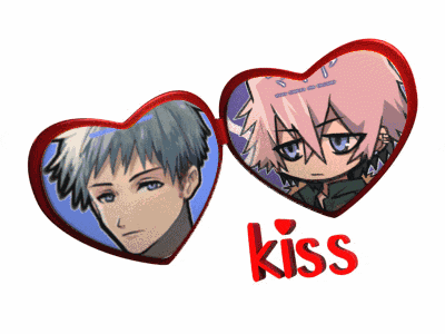 a couple of anime hearts with the word kiss on the bottom