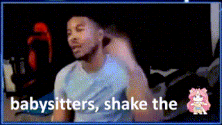 a man sitting in front of a screen with the words babysitters shake the on it
