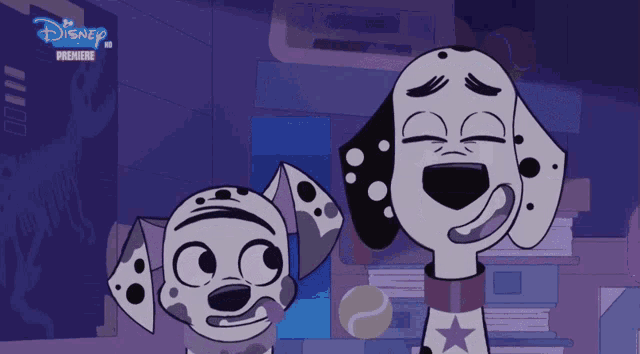 two dalmatian dogs are standing next to each other in a disney premiere advertisement
