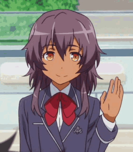 a girl in a school uniform is waving her hand and smiling