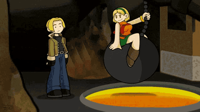 a cartoon of a man standing next to a woman sitting on a large ball