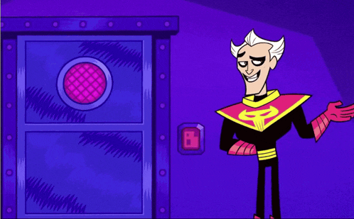 a cartoon character is standing in front of a door and pointing