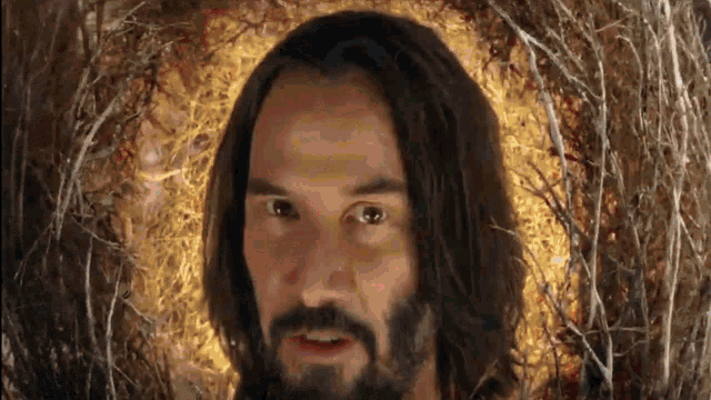 a man with long hair and a beard is standing in front of a tree branch .