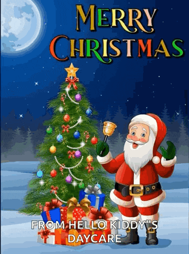 merry christmas from hello kiddy 's daycare with santa holding a bell