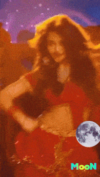a blurry picture of a woman with the word moon in blue