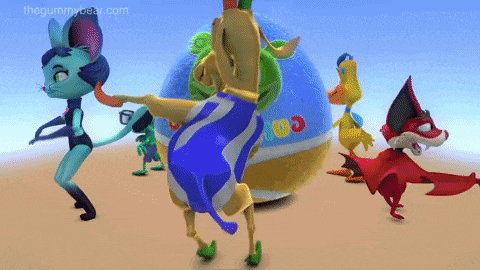 a group of cartoon characters are dancing in front of a blue ball that says gummy bear