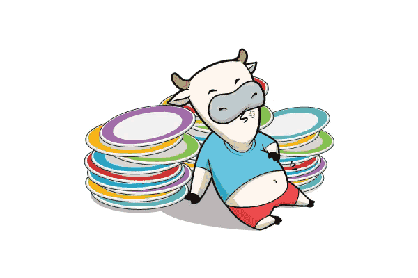 a cartoon cow is laying on top of a pile of plates
