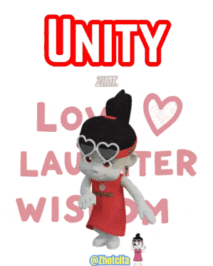 a poster that says unity love laughter wisdom with a cartoon girl