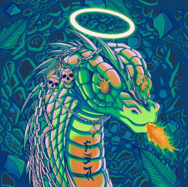 a colorful drawing of a dragon with skulls and chains