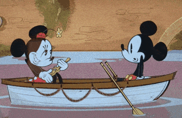 mickey mouse and minnie mouse are in a boat on a lake