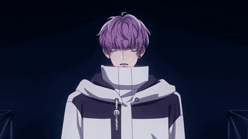 a group of anime characters with purple hair are standing in a line