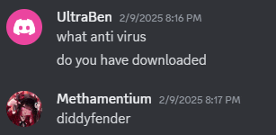 a screenshot of a discord conversation between ultraben and methamentium