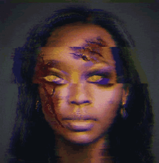 a pixel art of a woman with blood on her face and yellow eyes