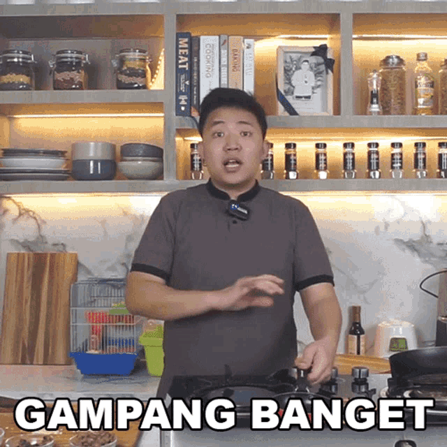 a man in a kitchen with the word gampang banget on the bottom right