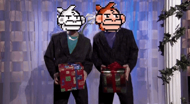 two men in suits are holding presents in front of a checkered background