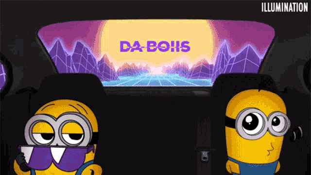 two minions wearing sunglasses are sitting in the back seat of a car with a da-bo-hs sign on the back window