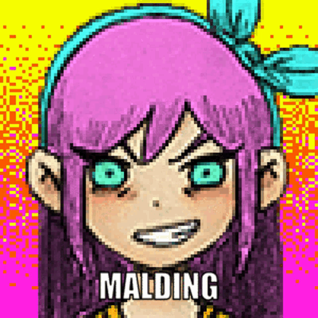 a pixel art of a girl with pink hair and blue eyes with the words malding written below her